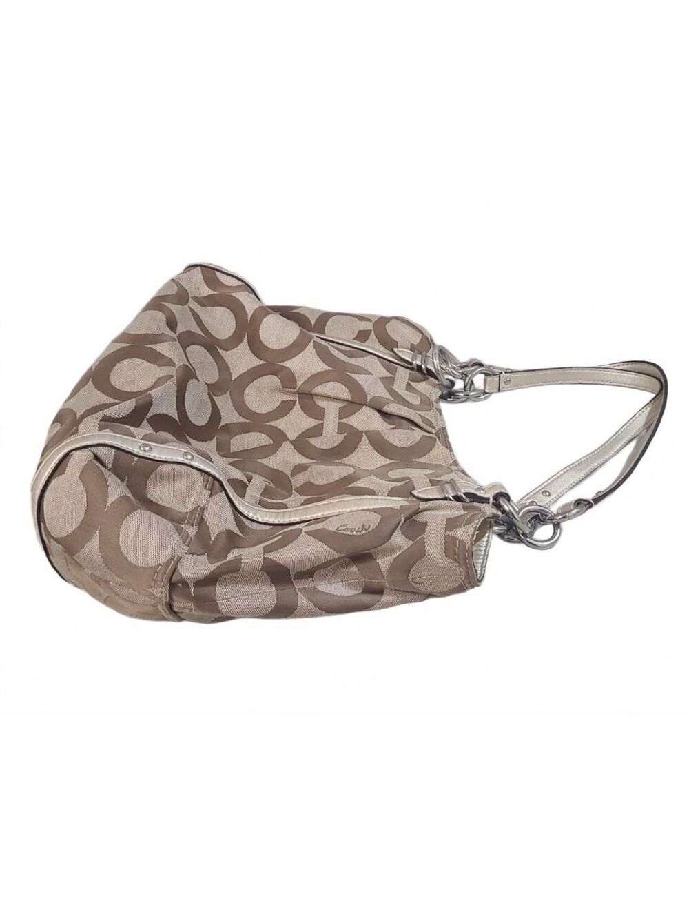 Coach Signature Jacquard Canvas Shoulder Bag Beige Brown Leather Hobo Purse - Picture 4 of 12